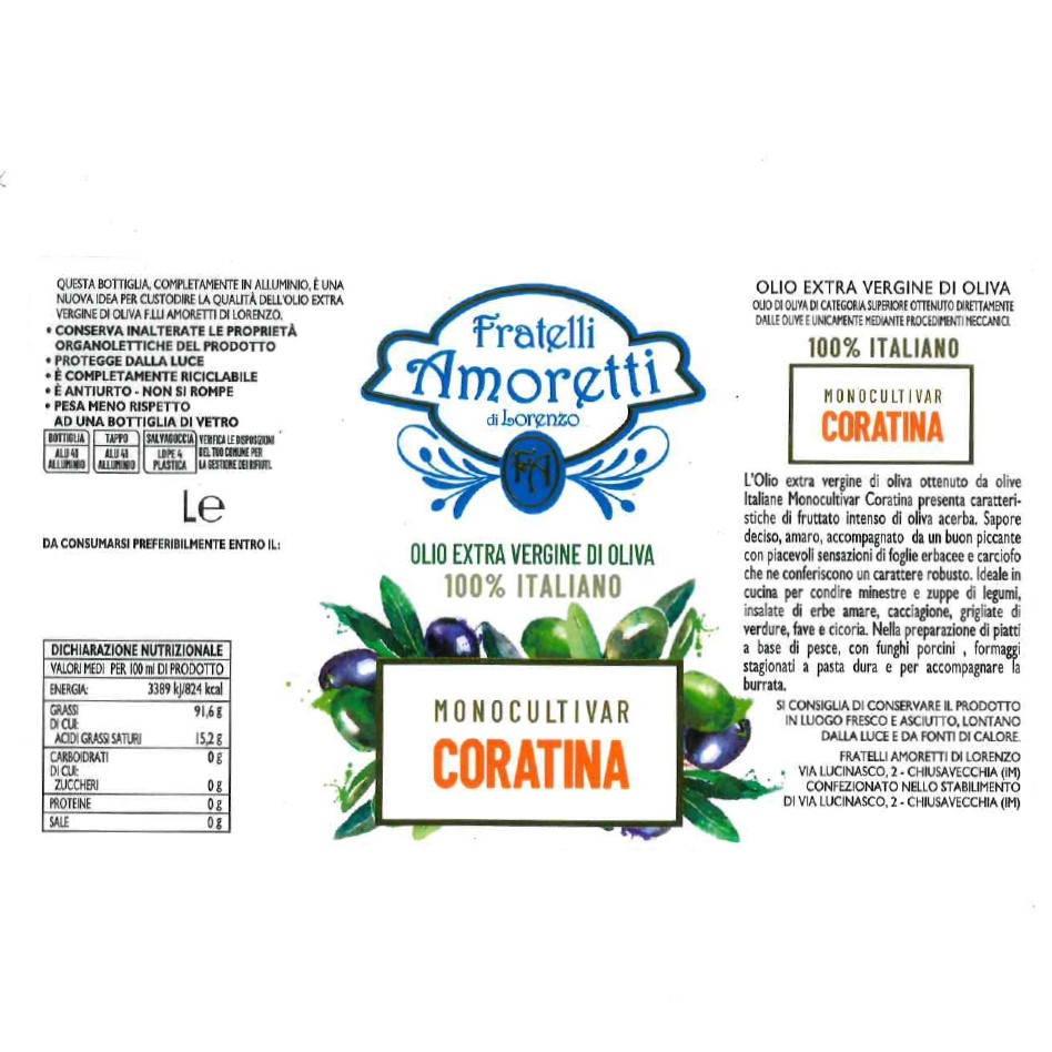 OLIO EXTRA VERGINE DI OLIVA MONOCULTIVAR 100% ITALIANO "CORATINA" | Bottiglia 0,750 L - immagine 2